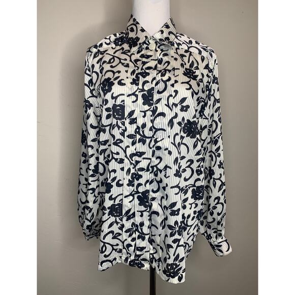 Black White Button Front Blouse Sz Medium Floral Print Sheer - Picture 1 of 8
